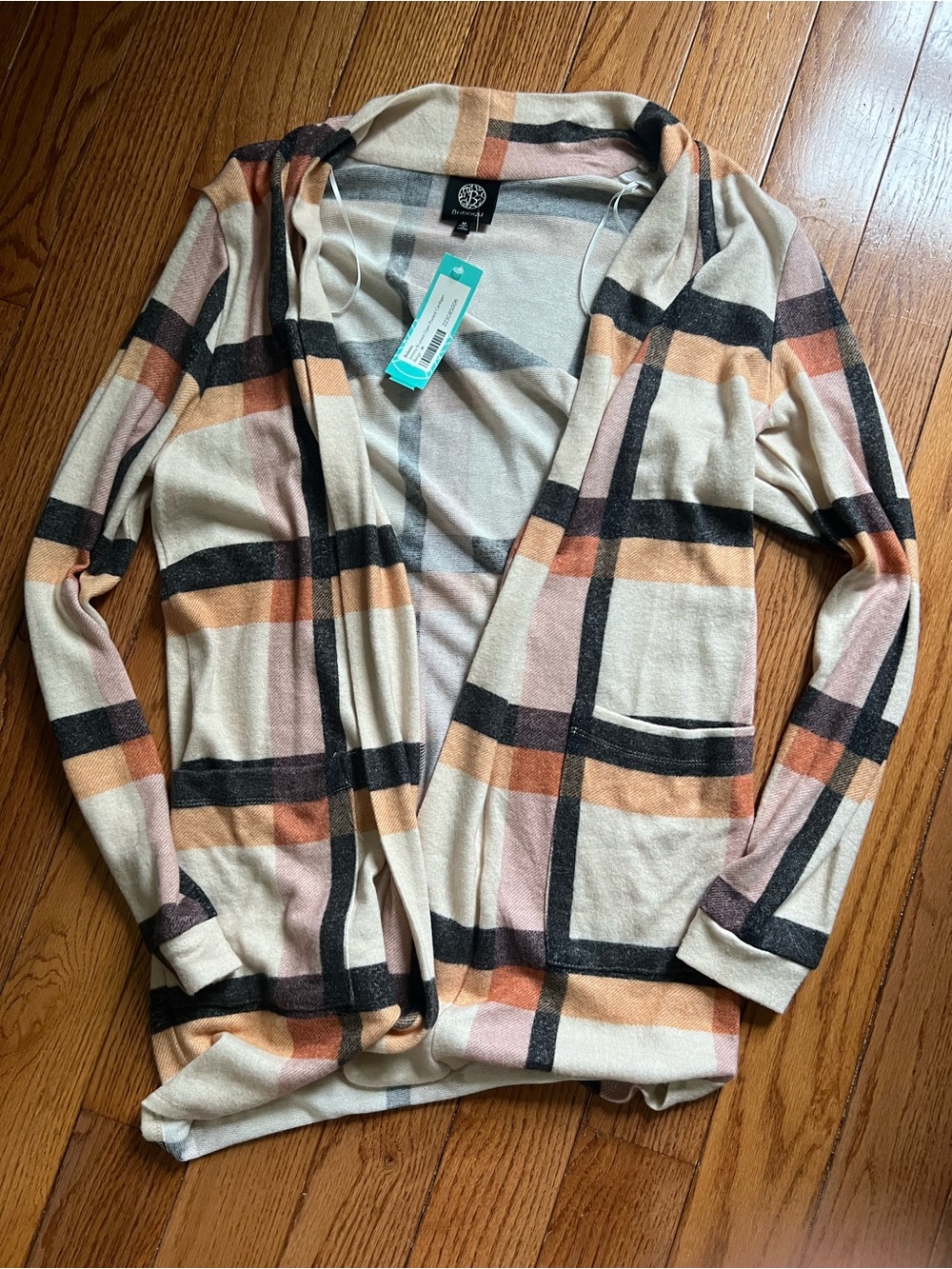 Open Front Plaid Cardigan in Cream, Black & Peach